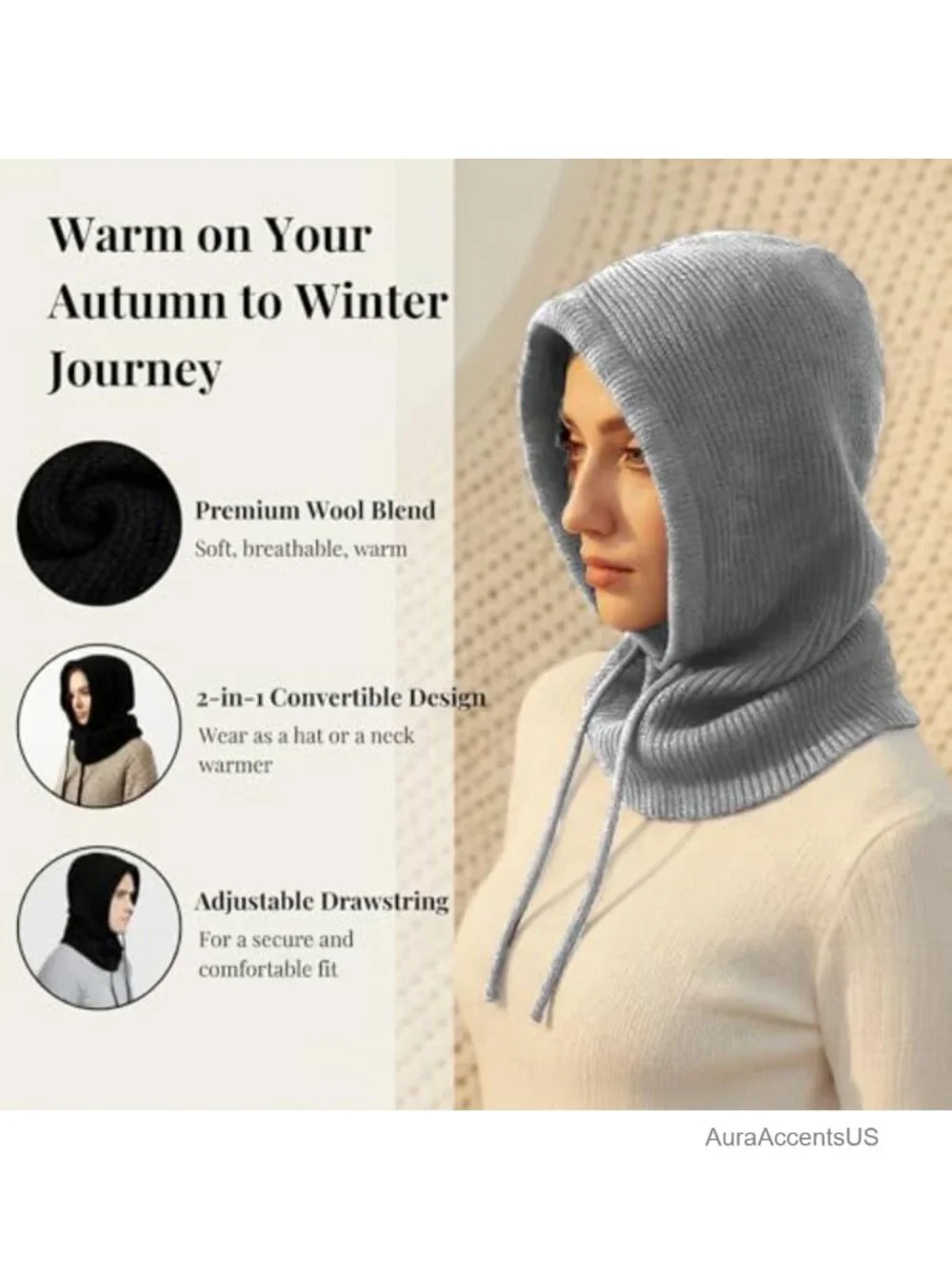 Winter Knit Hooded Scarf Balaclava with Drawstring, 3-in-1 Neck Warmer Hat